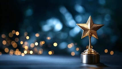 Shiny golden star trophy standing prominently faceless achievement symbol defocused dark blue surface with glittering bokeh lights background corporate recognition employee app