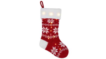Red Christmas stocking with snowflake pattern isolated PNG, festive holiday decoration for fireplace mantle and seasonal celebrations