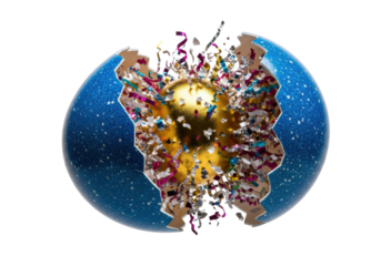 A hyper-detailed macro close-up of an azure ceramic easter egg violently rupturing, showing a gold interior and frozen explosion of multicolored confetti against white. Concept of explosive festive