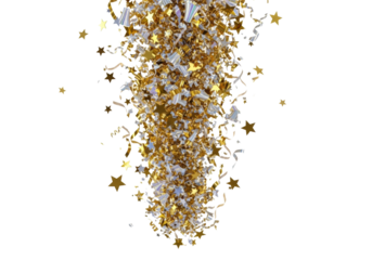 voluminous metallic gold and silver confetti and iridescent star streamers frozen mid-air in a dynamic descent, hyper-detailed macro shot on a transparent background. Festive celebration concept