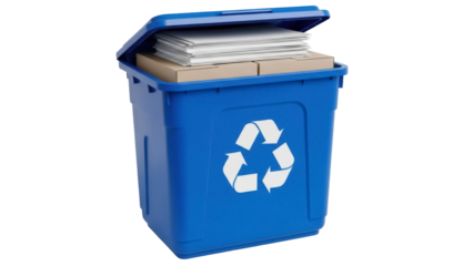 Blue recycling bin with paper and cardboard isolated PNG, waste management container for eco-friendly disposal and environmental conservation