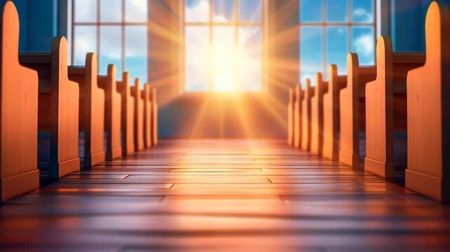 Sunlit Sanctuary: An interior perspective of a church bathed in sunlight, with rows of wooden pews leading to a window framing a radiant sun, creating a spiritual atmosphere.