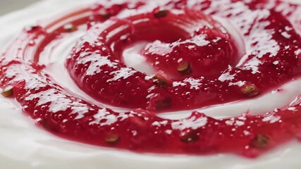 Elegant Raspberry Coulis Swirl on White Plate A CloseUp of Gourmet Dessert Sauce with Powdered Sugar Perfect for Food Blogs and Culinary Presentations.