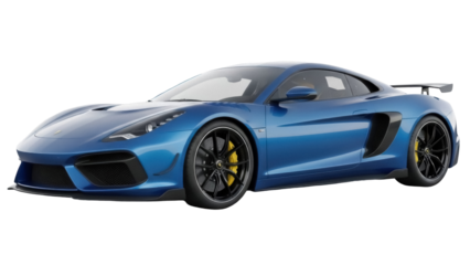 Sleek blue sports car isolated PNG on transparent background, modern automotive design for transportation and high-performance vehicle concepts
