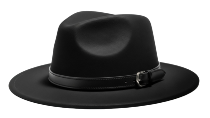 Elegant black fedora hat isolated PNG, classic men s fashion accessory on transparent background for vintage style and formal wear