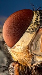 Macro shot of a fly's compound eye showing intricate details and texture against a blurred blue background.