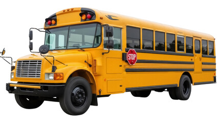Yellow school bus PNG isolated on transparent background, transportation vehicle for students and kids to school and educational travel