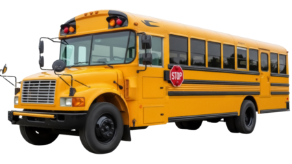 Yellow school bus PNG isolated on transparent background, transportation vehicle for students and kids to school and educational travel