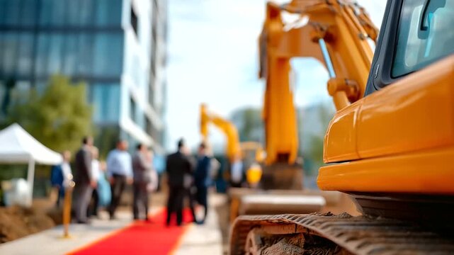 Construction ground breaking ceremony with red carpet faceless inaugural event defocused construction site background ceremonial beginning development launch official project