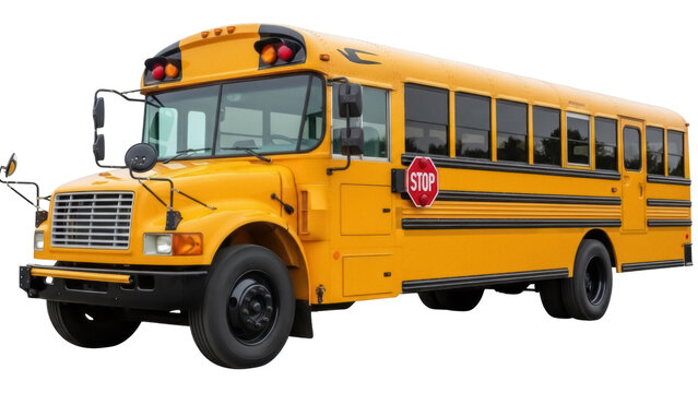 Yellow school bus PNG isolated on transparent background, transportation vehicle for students and kids to school and educational travel