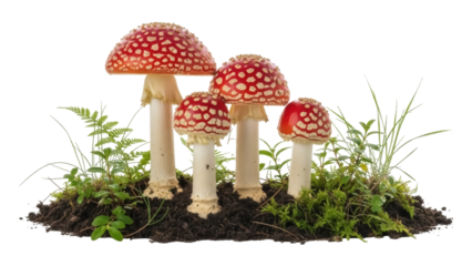 Group of fly agaric mushrooms isolated PNG, vibrant red caps with white spots on soil with moss and greenery, nature s beauty