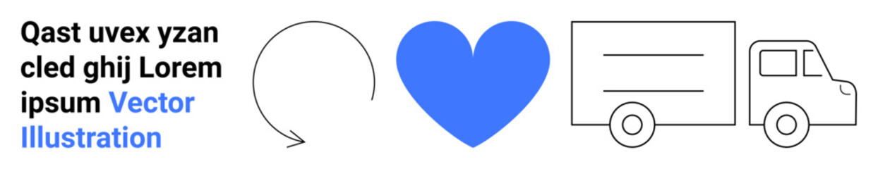 Logistics, transport, shipping, delivery, e-commerce, order fulfillment. Blue heart with circular arrow and delivery truck outline. Logistics and transport efficiency and connectivity