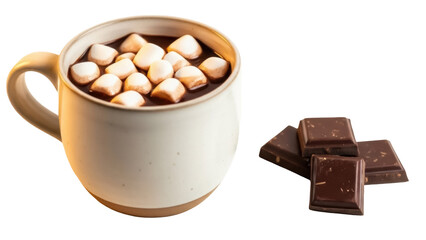 Hot chocolate with marshmallows in a mug isolated on transparent background, comforting winter...