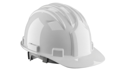 Shiny white hard hat isolated PNG on transparent background, protective headgear for construction and industrial safety