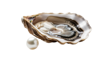 Open oyster shell with pearl isolated PNG, seafood delicacy on transparent background for gourmet food and luxury jewelry concepts