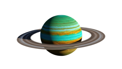 Striking planet with rings PNG isolated on transparent background, celestial body with colorful bands for space exploration and astronomy projects