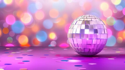 Glittering Sphere: A dazzling mirrored disco ball casts shimmering reflections amidst a vibrant symphony of bokeh lights, capturing the essence of celebration and joy.