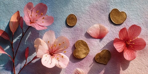 Delicate Watercolor Flat Lay Scene with Flowers and Golden Hearts for Valentines Day