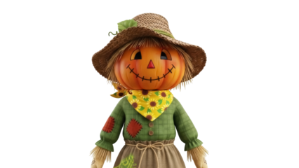 Festive pumpkin scarecrow with straw hat isolated PNG, autumn harvest decoration for Halloween and Thanksgiving designs