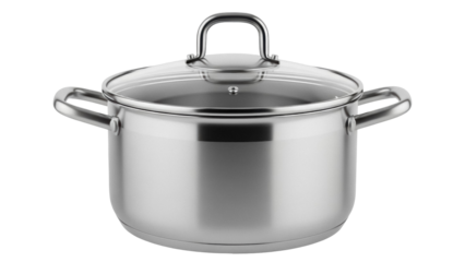 Stainless steel cooking pot with glass lid isolated PNG, cookware for kitchen use on transparent background