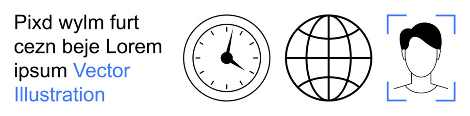Global communication, time management, identity verification, cybersecurity, networking, digital transformation. Illustration showing a clock, globe and face recognition frame. Global communication