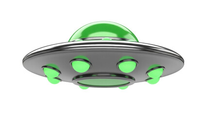 Shiny silver UFO PNG isolated on transparent background, green lights and dome, science fiction flying saucer for space exploration concepts © Roxana