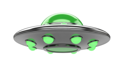 Shiny silver UFO PNG isolated on transparent background, green lights and dome, science fiction flying saucer for space exploration concepts