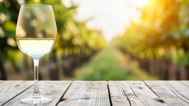 Vineyard Wine Delight: A crystal-clear wine glass, filled with a refreshing beverage, rests on a rustic wooden surface, framed by a sun-drenched vineyard.