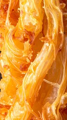 Close-up view of golden crispy flaky pastry layers, showcasing intricate textures and delicious details.