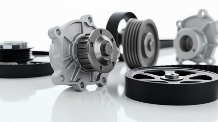 Automotive parts and components on white surface