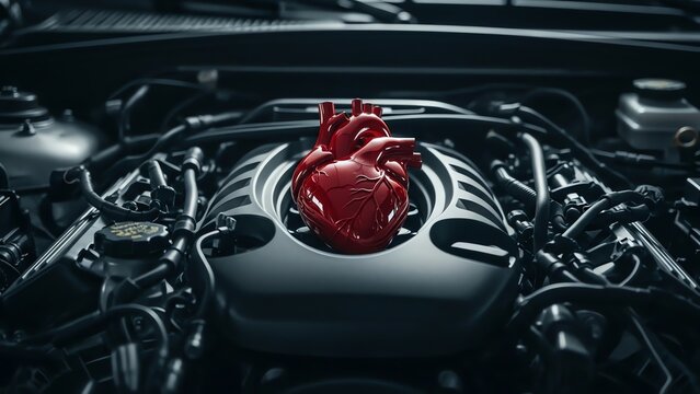 Heart inside car engine representing power and life