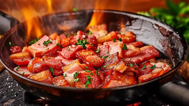 Sizzling Bacon: A close-up shot of a pan filled with sizzling bacon, the flames dance around the crispy, golden-brown strips, igniting the senses with its smoky aroma and savory deliciousness.