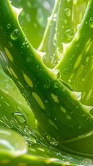Close-up of vibrant green aloe vera plant leaves covered in fresh water droplets, highlighting its succulent texture and spiky edges.