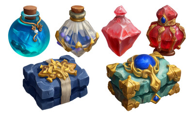 Fantasy Potion Bottles and Gemstones Illustration for Game Design and Art Projects