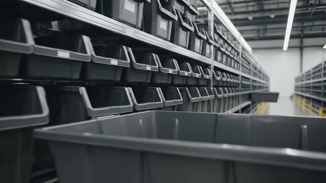 Infinite rows of industrial shelving with grey bins in a bright warehouse interior