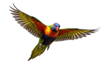 Colorful rainbow lorikeet parrot flying PNG isolated on transparent background, vibrant tropical bird with outstretched wings for design projects