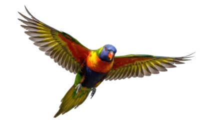 Selbstklebende Fototapeten Papagei Colorful rainbow lorikeet parrot flying PNG isolated on transparent background, vibrant tropical bird with outstretched wings for design projects  © Roxana