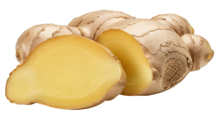 Fresh ginger root isolated PNG, sliced rhizome with beige skin and yellow flesh on transparent background, healthy spice for cooking