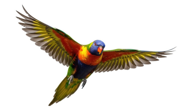 Colorful rainbow lorikeet parrot flying PNG isolated on transparent background, vibrant tropical bird with outstretched wings for design projects