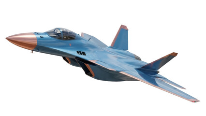 Blue futuristic fighter jet isolated PNG on transparent background, advanced military aircraft for defense and aerospace concepts