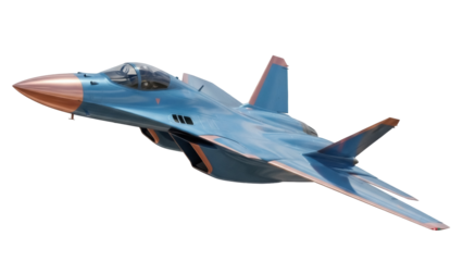 Blue futuristic fighter jet isolated PNG on transparent background, advanced military aircraft for defense and aerospace concepts