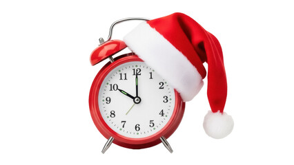 Red alarm clock with Santa hat isolated PNG, Christmas time countdown concept on transparent background for holiday design and decoration