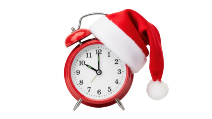 Red alarm clock with Santa hat isolated PNG, Christmas time countdown concept on transparent background for holiday design and decoration