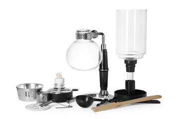 Siphon (vacuum) coffeemaker and burner isolated on white