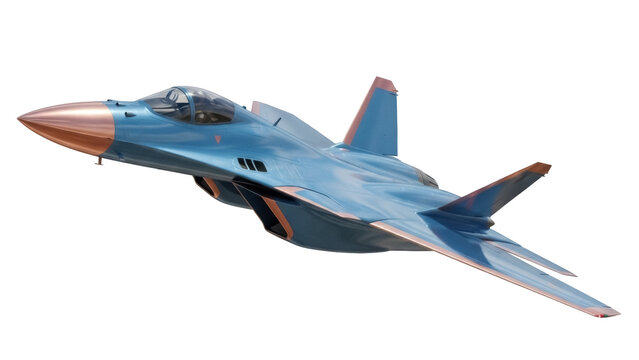 Blue futuristic fighter jet isolated PNG on transparent background, advanced military aircraft for defense and aerospace concepts