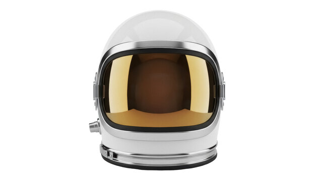 White astronaut helmet with golden visor isolated PNG, space exploration equipment for science fiction and futuristic themes