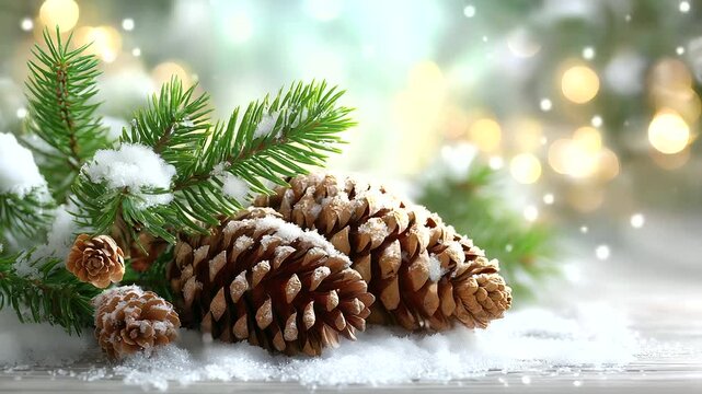 Snowy winter holiday celebration frame greeting card, closeup of pine branch with pine cones and snow, defocused blurred background, seasonal detail, festive nature, with copy spac