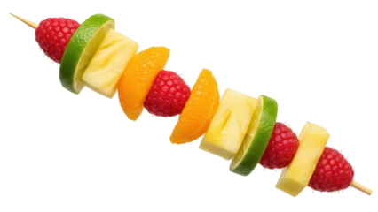 Colorful fruit skewer isolated PNG on transparent background, with raspberry, lime, pineapple, and orange for healthy eating