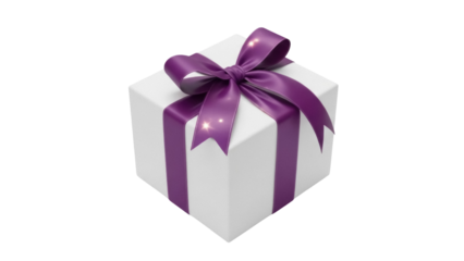 Elegant white gift box with purple ribbon isolated PNG, present for special occasions and holidays on transparent background