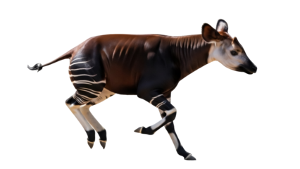 Okapi PNG isolated on transparent background, forest giraffe with striped legs running, African wildlife animal for design use